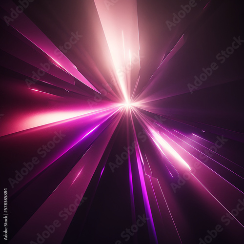 abstract converging glowing pink and purple light beams set in a shiny dark environment. Created with generative AI.
