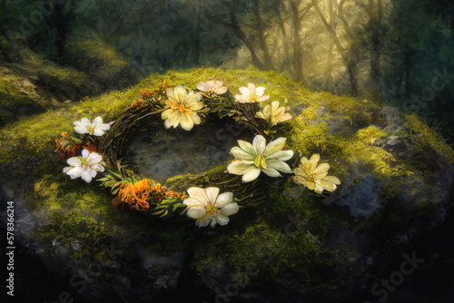 Detail mountain meadow full of flowers and flower wreath. Digital art.
