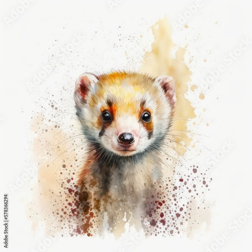 Portrait of a cute little ferret. Watercolor illustration of a pretty polecat on white background. Generative AI art.