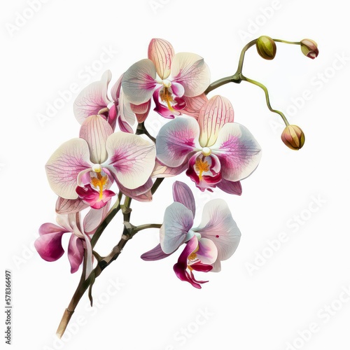Watercolor illustration of a light pink orchid. Isolated pink flowers on white background. Generative AI art.