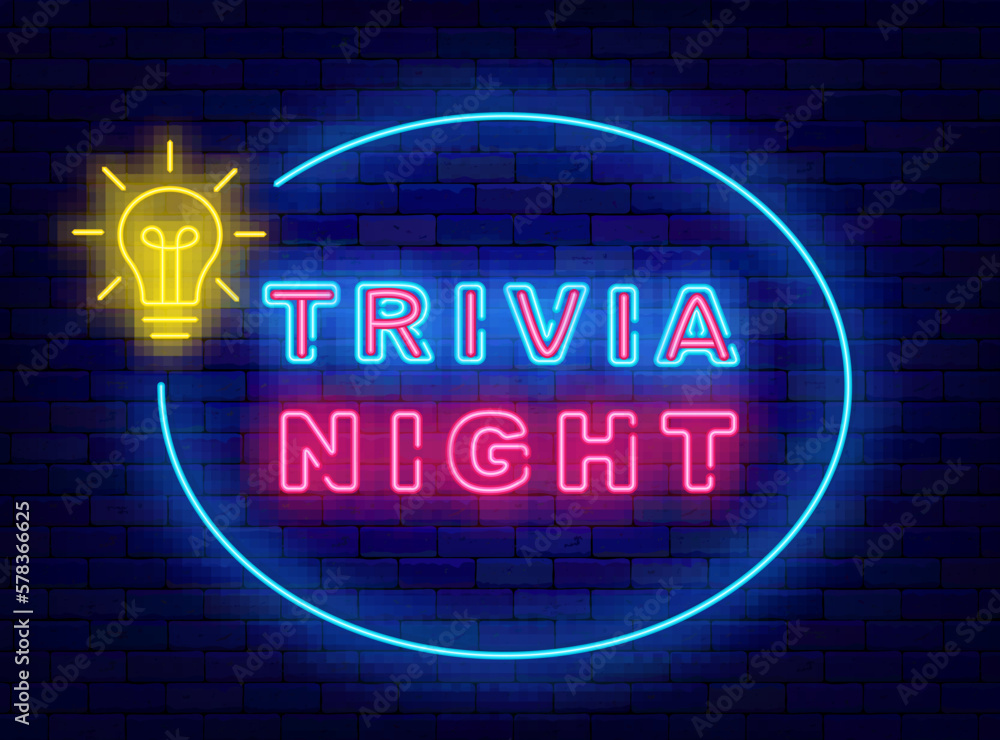 Trivia night neon sign. Ellipse frame with light bulb. Quiz show label on brick wall. Vector