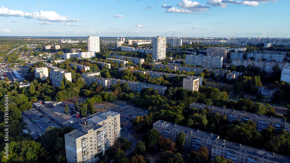 Obraz premium Photo from the drone of the Kharkov residential area. Northern Saltovka from a bird's eye view. Saltovka before the war.