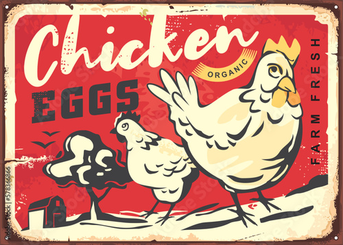 Chickens on the farm scratching in the dirt, retro advertisement for chicken eggs.  Rural scene with chickens, barn and large tree. Vintage vector sign illustration for organic product.