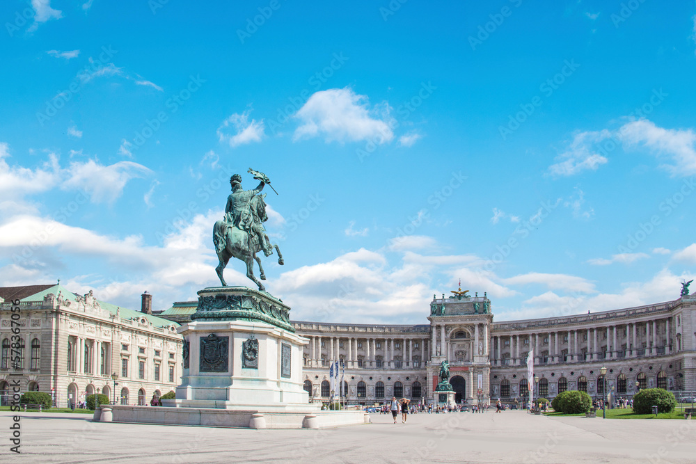 Fototapeta premium Equestrian statue of Prince Eugene of Savoy in front of the National Library of Austria in Vienna