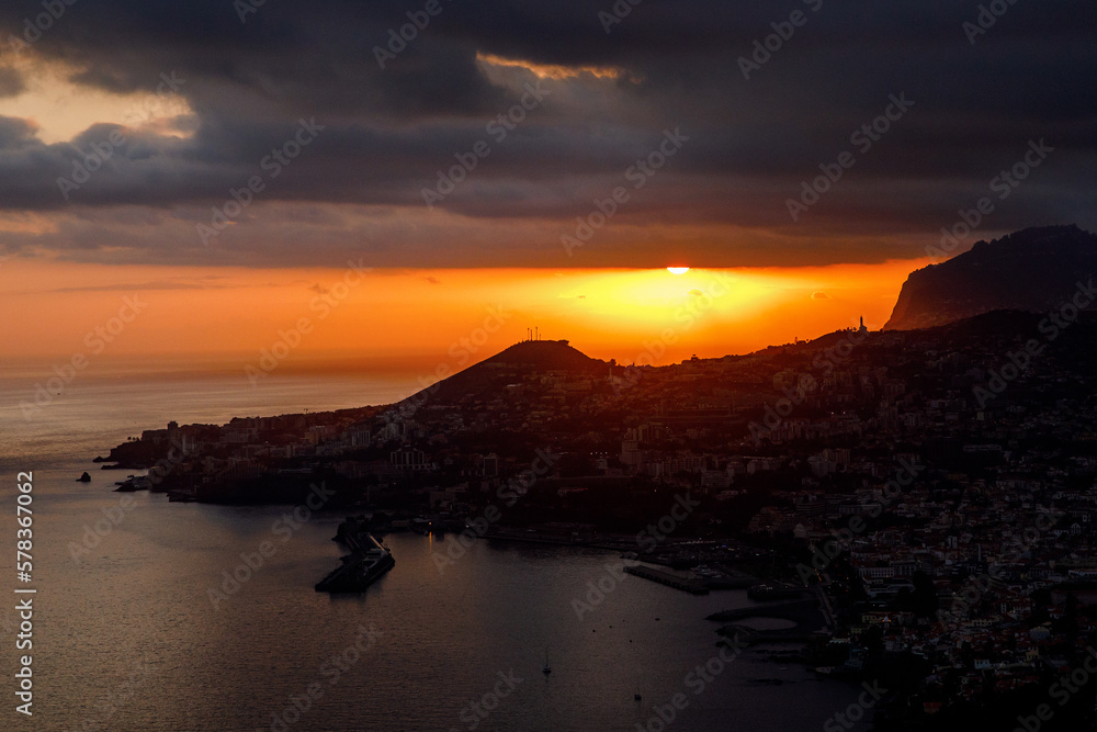 Sunset over Funchal town - Madeira island, Portugal.