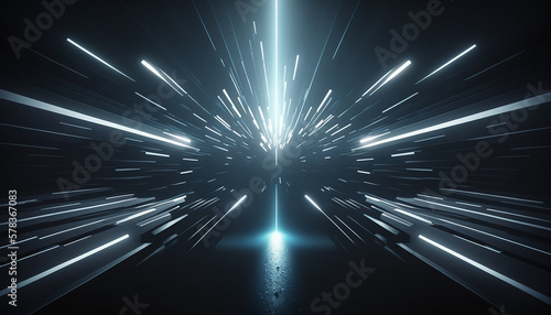 abstract futuristic converging glowing blue and white light beams set in a shiny dark environment. Created using generative AI.