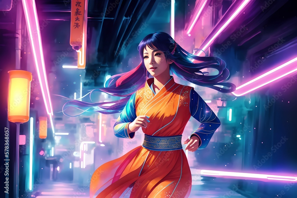 illustration watercolor asian woman running, generative art by A.I illustration watercolor asian woman running, generative art by A.I
