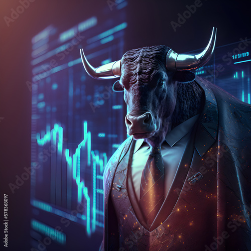 Bull Market Power: An Angry Bull in a Stylish Suit Dominating the Stock Market. AI Generative photo