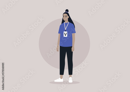 A young female Asian character wearing a visitor badge on a lanyard, a V letter indicating the type of access