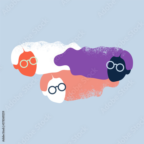 Women's group with eyeglasses. Multicultural group. Feminist vision concept. Vector illustration, flat design