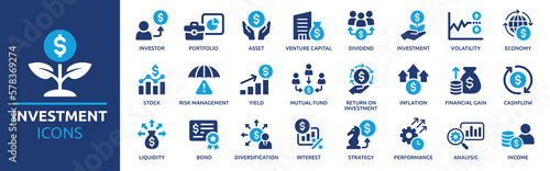 Investment icon set. Containing investor, mutual fund, asset, risk management, economy, financial gain, interest and stock icons. Solid icon collection.