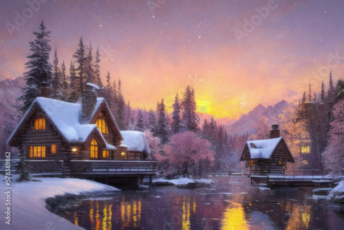 Generative AI, Beautiful dreamy snowy scenery of houses near lakes in the golden hour. Trees covered in snow with atmospheric light with light clouds. © Lado