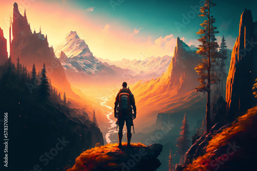 man standing on top of a mountain with a backpack on his back and a sunset in the background behind him, generative ai