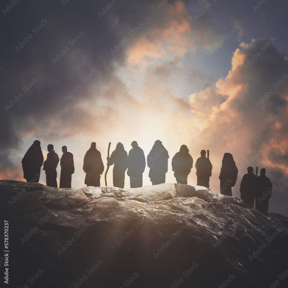 A group of the 12 Disciple Apostles of Jesus Christ are standing on a rock mountain for a biblical christian message about faith and religion. - obrazy, fototapety, plakaty 
