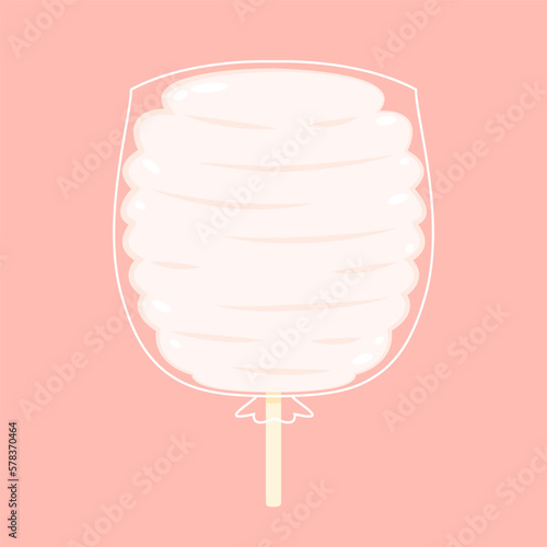 Cotton candy. White cotton candy on wooden stick. Summer tasty and sweet snack for children in parks and food festivals. Cartoon vector illustration isolated on pink background.