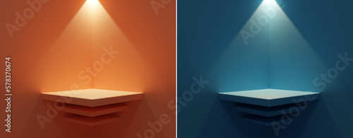 Set of yellow, dark blue, red realistic 3d floating Cube podium in corner rooms with hanging neon lamps. Stage showcase, Product display. abstract studio room geometric platform design. 3D Rendering