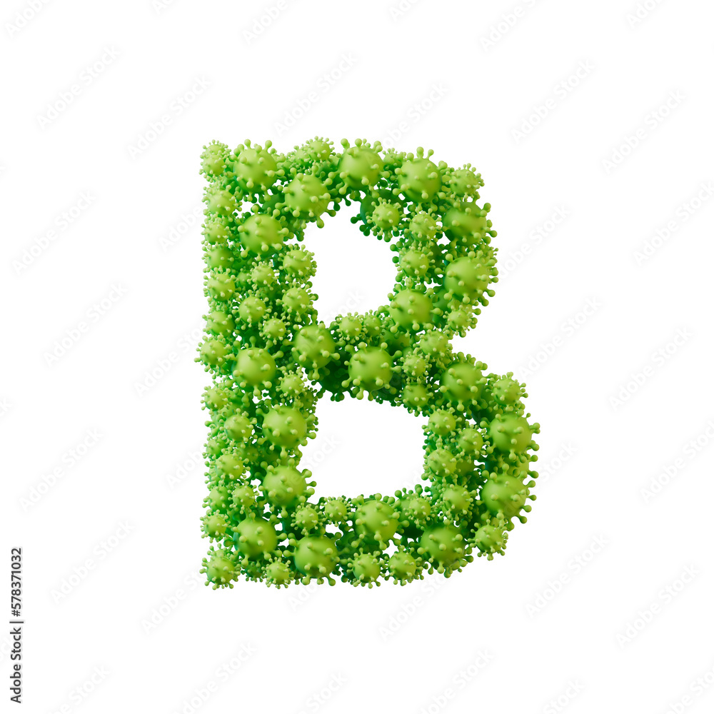 Letter B made from a virus flu and germ molecule. 3D Rendering