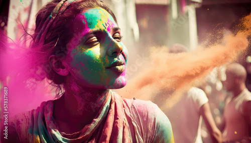 AI Generated illustration from woman face during Holi festival with copy space