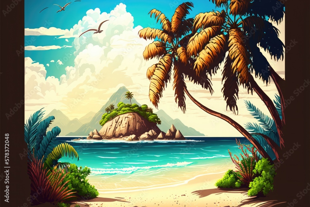 Sandy tropical beach with small island on the background. Generative AI illustration.