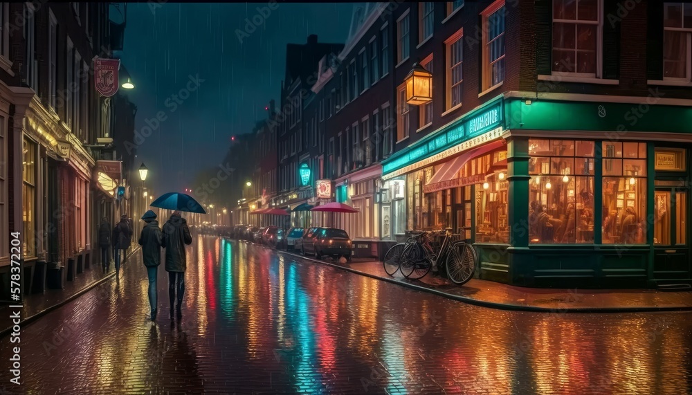 Amsterdam Street on a Rainy Night - Colorful Neon Lights and Reflection - Generative Ai Illustration 
