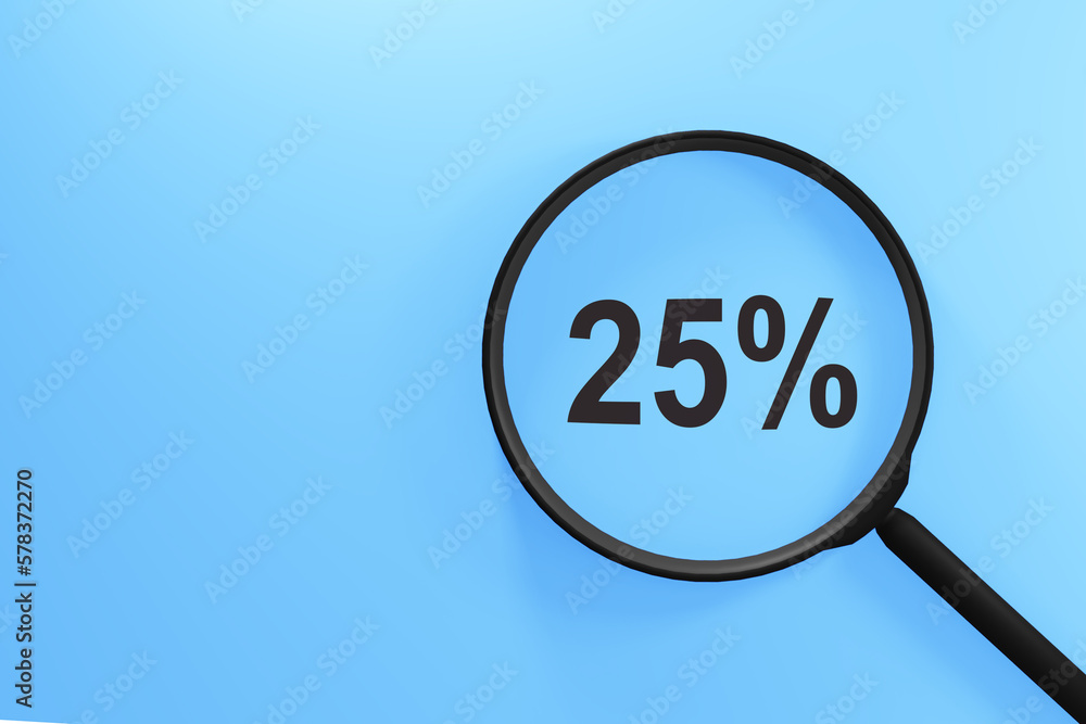 Conceptual photo - searching for a discount. Discount 25 percent. Blue background Conceptual photo - searching for a discount. Discount 25 percent. Blue background