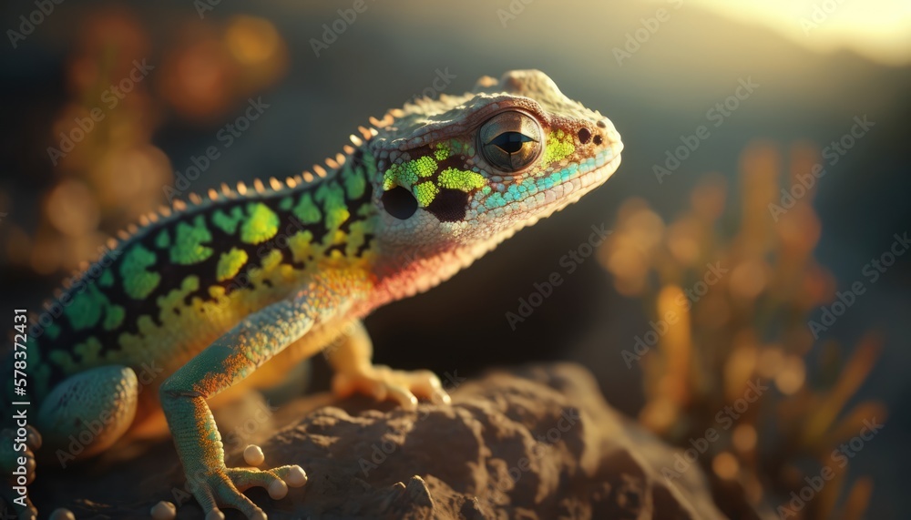Obraz premium Gecko close up in the sunset, made with generated ai