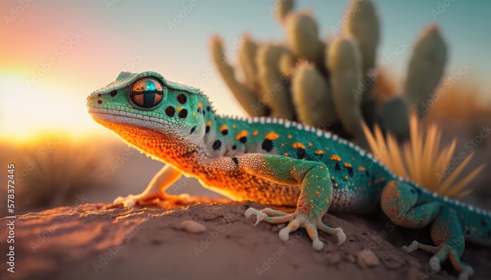 Gecko close up in the sunset, made with generated ai Gecko close up in the sunset, made with generated ai