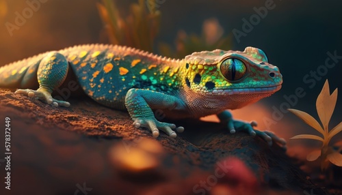 Gecko close up in the sunset, made with generated ai