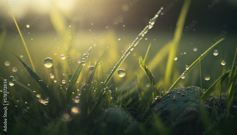 Beautiful dew on the grass in the sunrise, macro shot, made with generated ai