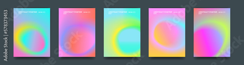 Color gradient backgrounds, color gradation abstract holographic vector posters. Neon colors soft blend mesh, iridescent translucent and fluorescent chromatic backdrops