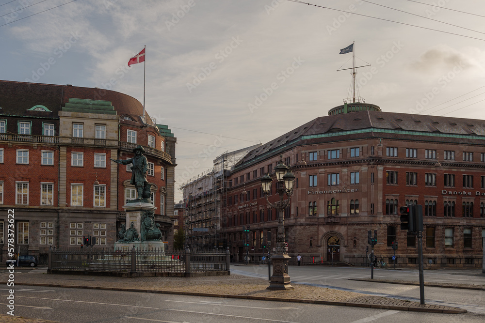 Outdoor street view around the junction at Niels Juel statue in Copenhagen, Denmark. 
