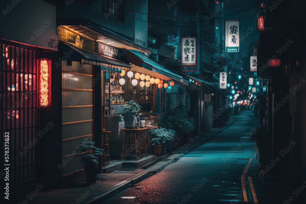 Japanese night with neon light, generative ai