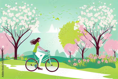 Illustration Poster of a Girl Riding a Bicycle and Enjoying the Scenery Outdoors in Spring.