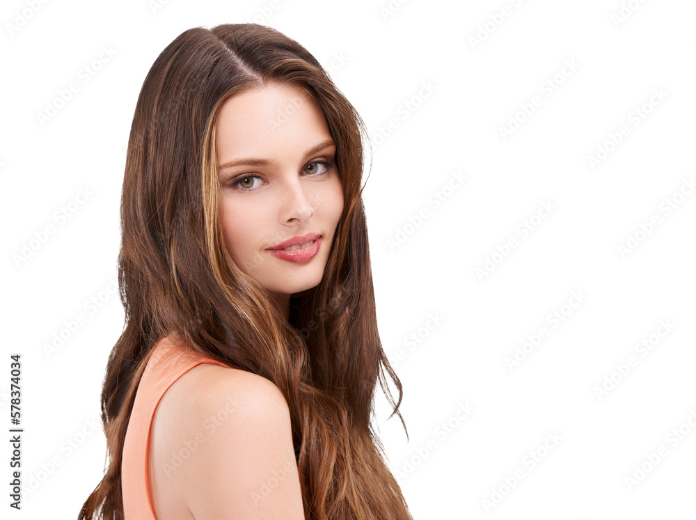 Fototapeta premium A woman with shiny and luxury hair growth product for treatment for grooming and wellness of a girl relaxed content isolated on a PNG background