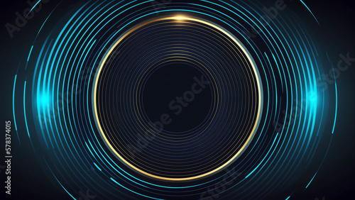 Geometric Stripe Line Art Design with Glowing Circle Lines on Dark Blue Background - Futuristic Technology Concept in Modern Shiny Blue Lines, Horizontal Banner Template in Vector Illustration 