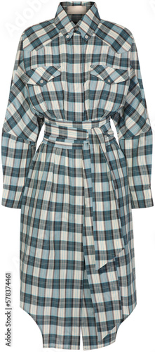 blue and white checked long dress with long sleeves, isolated on transparent or white background, png, mockup
