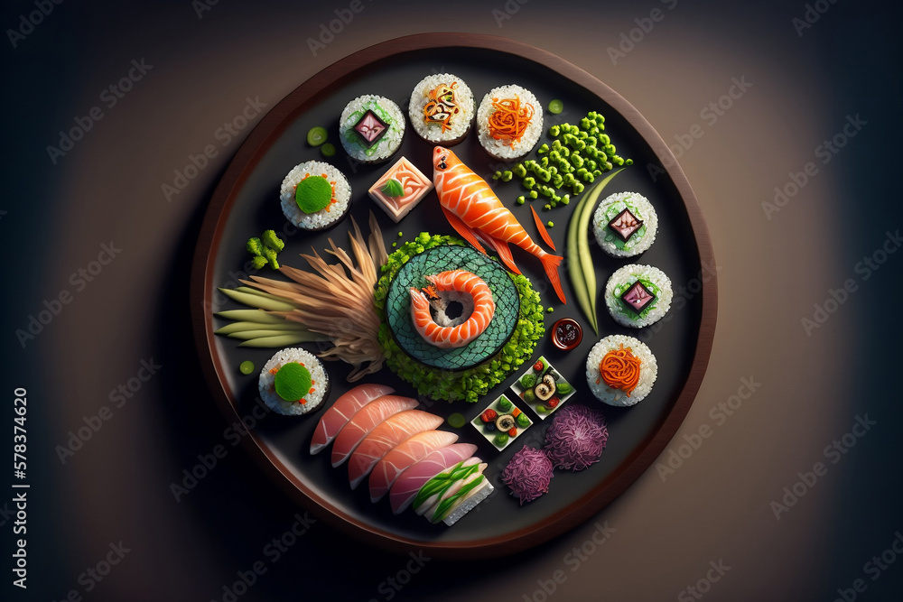 Naklejka premium Japanese seafood sushi set, generative ai