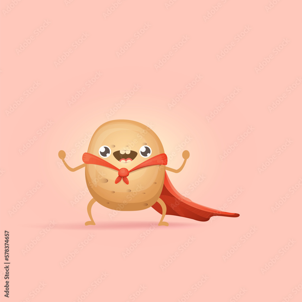 Cartoon potato clip art. vector funny cartoon cute super hero potato with red hero cape isolated on pink background. Superhero vegetable potato kawaii food funky character