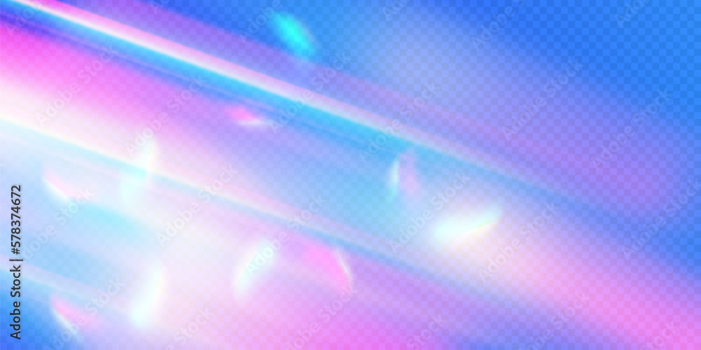 Rainbow light prism effect, transparent blue background. Hologram reflection, crystal flare leak shadow overlay. Vector illustration of abstract blurred iridescent light backdrop. - obrazy, fototapety, plakaty 