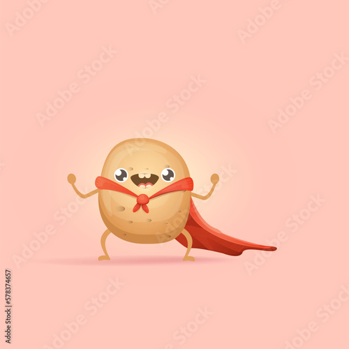 Cartoon potato clip art. vector funny cartoon cute super hero potato with red hero cape isolated on pink background. Superhero vegetable potato kawaii food funky character