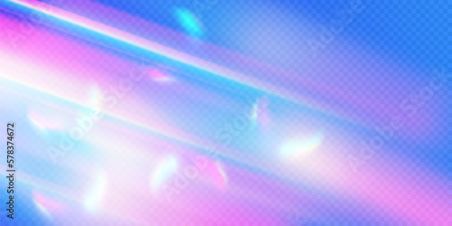 Rainbow light prism effect, transparent blue background. Hologram reflection, crystal flare leak shadow overlay. Vector illustration of abstract blurred iridescent light backdrop.