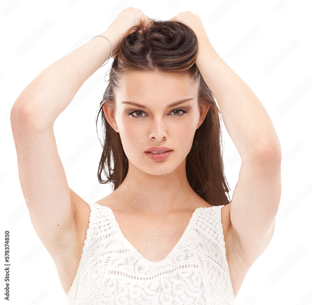 Fototapeta premium A trendy girl or woman for advertising in brunette hairstyle after her keratin treatment or clothes in gen z dye brand fashion isolated on a PNG background