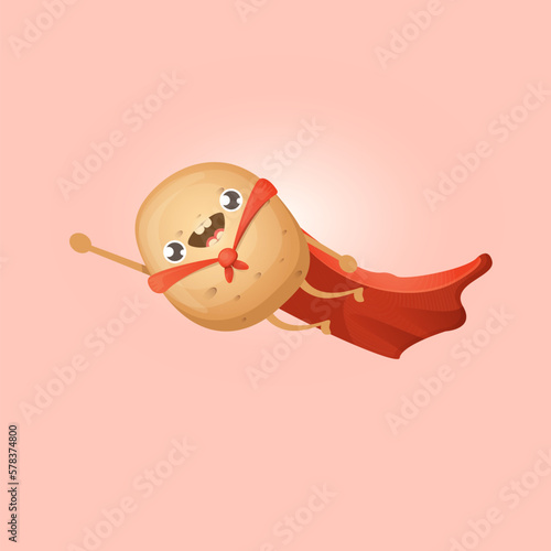 Cartoon potato clip art. vector cartoon cute flying super hero potato with red hero cape isolated on white background. Superhero vegetable potato kawaii food funky character fly in sky