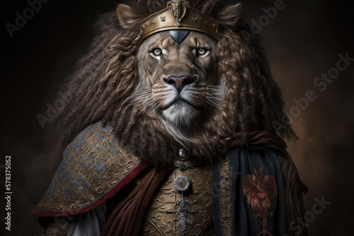 Lion with historic costume, generative ai