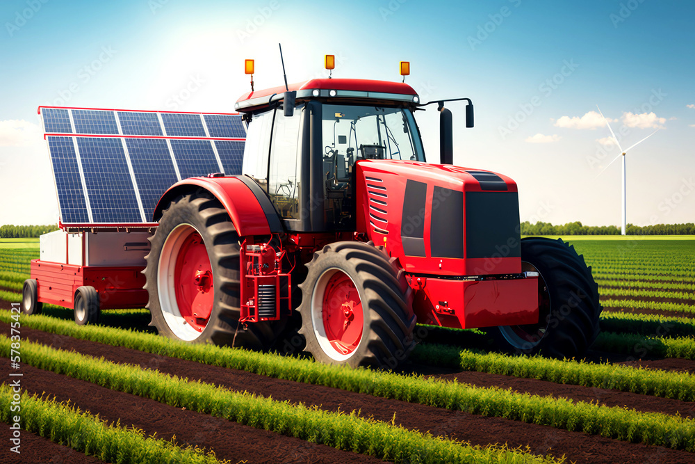 Fototapeta premium powerful agricultural scene at midday, with a modern red tractor driving, ai