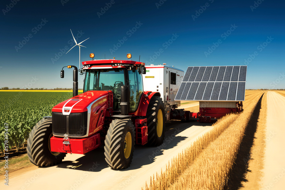 powerful agricultural scene at midday, with a modern red tractor driving, ai powerful agricultural scene at midday, with a modern red tractor driving, ai