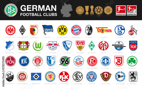 Vetor de Vector logo of the Bundesliga and all 18 football teams. German  Professional Football League do Stock