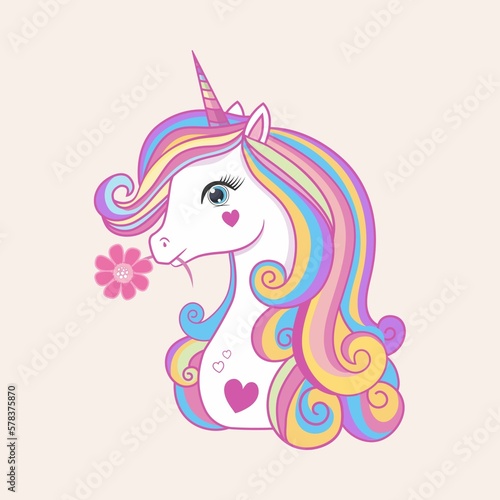 Cute unicorn portrait cartoon vector illustration for posters, T-shirt print, postcard.Magical animal in hand drawn style