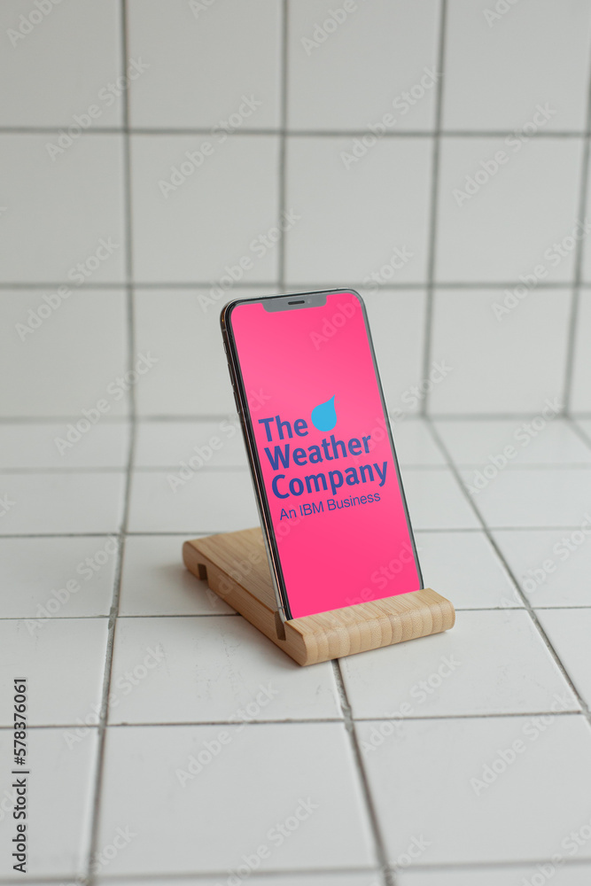 Mobile Phone With The The Weather Company By IBM Logo On The Screen Mobile phone with the the weather company by ibm logo on the screen