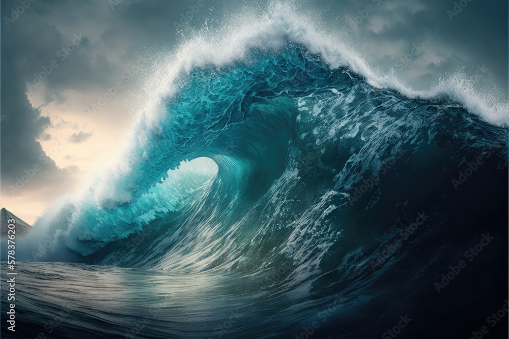 Huge ocean crashing wave. Generative AI illustration.